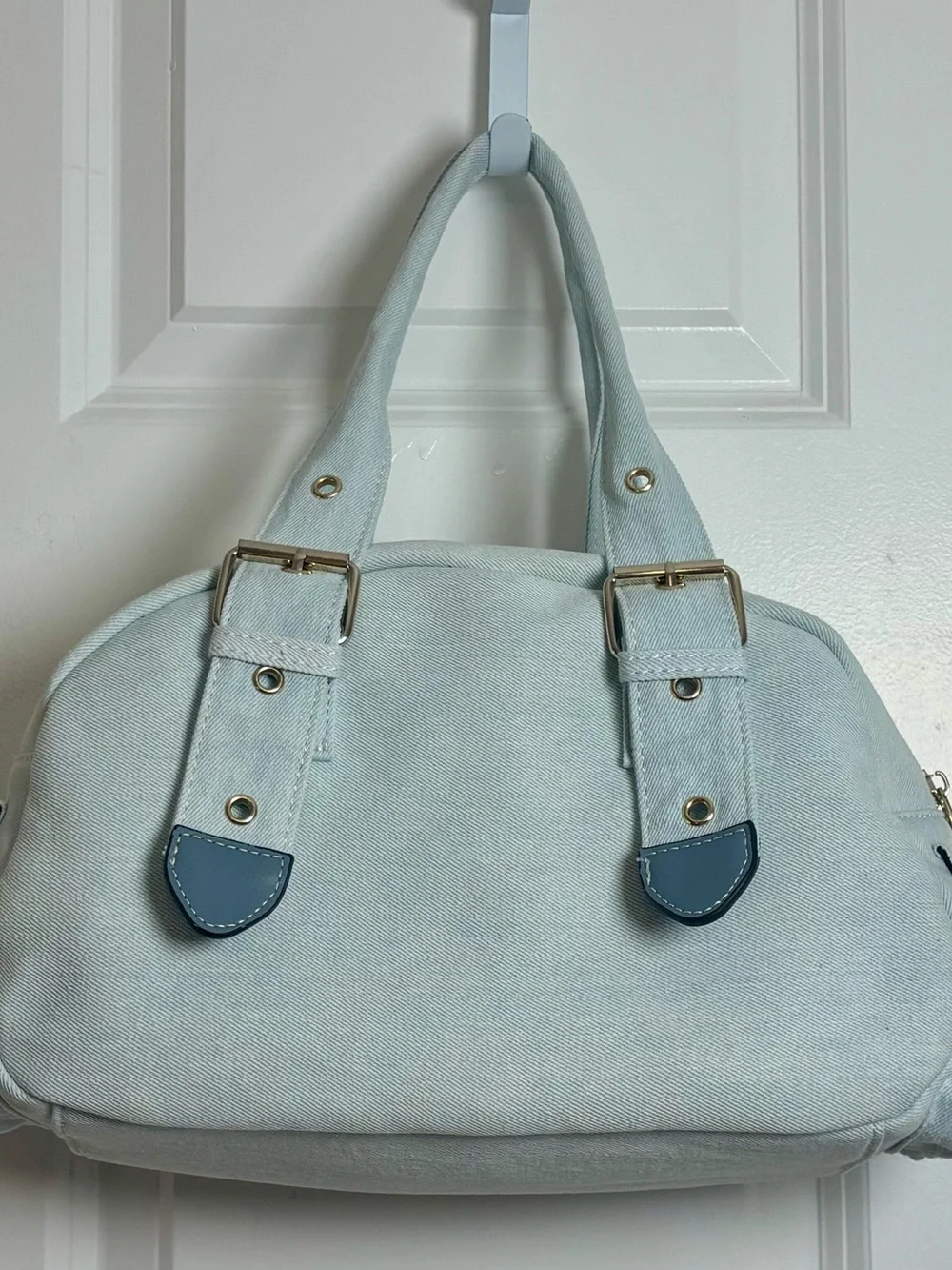 True Religion Light Blue Wash Patchwork Embroidered Satchel Handbag